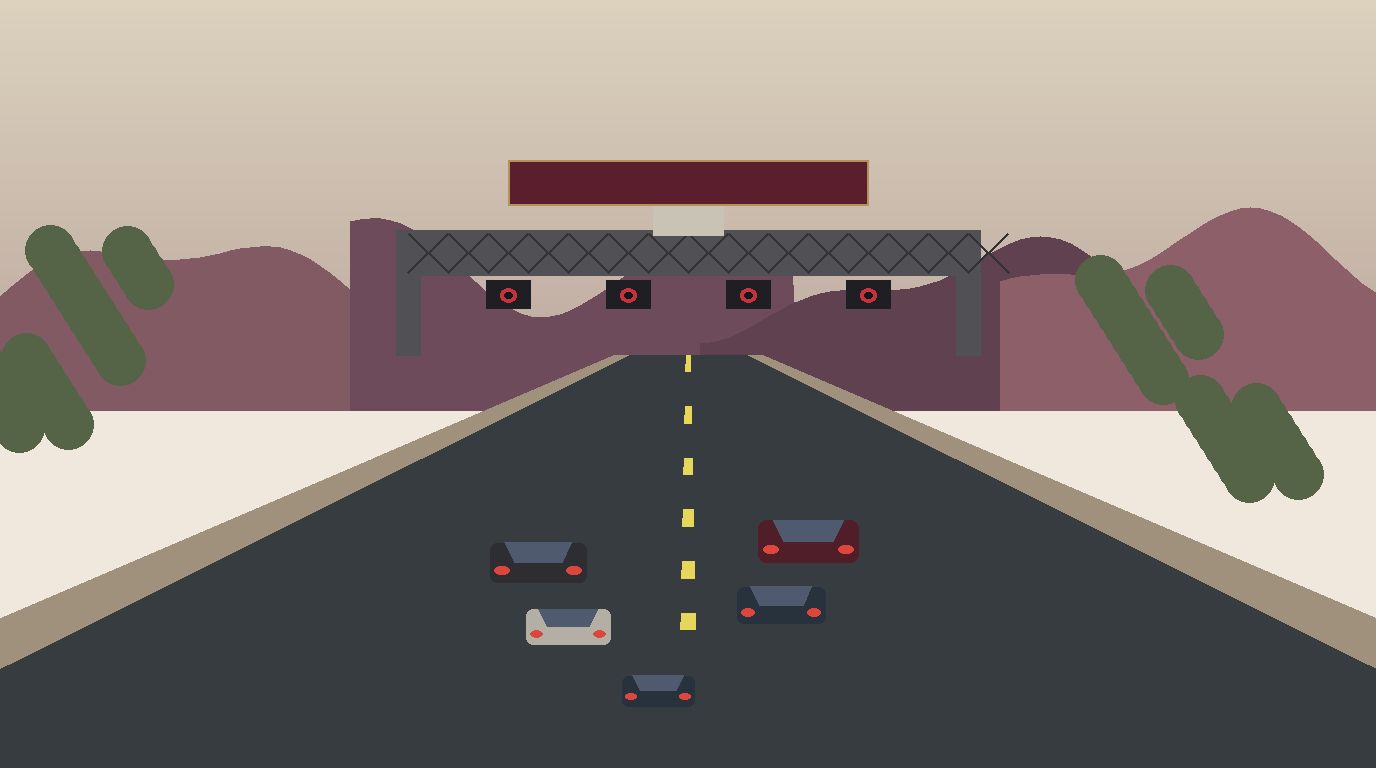 Ilustração editorial de pórtico de cobrança eletrônica sobre rodovia, com câmeras, antenas e veículos passando ao amanhecer.